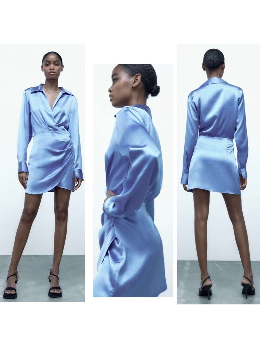 Zara blue satin effect long sleeve mini dress Sz L NWT